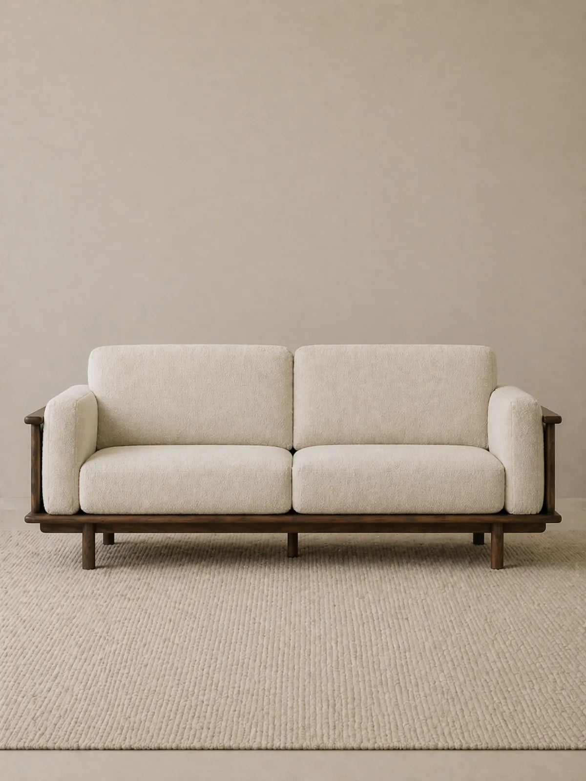 Alden Ridge sofa in white upholstery, front view showing solid walnut frame and two-cushion seat on a neutral rug (Wheat, 3-Seater)