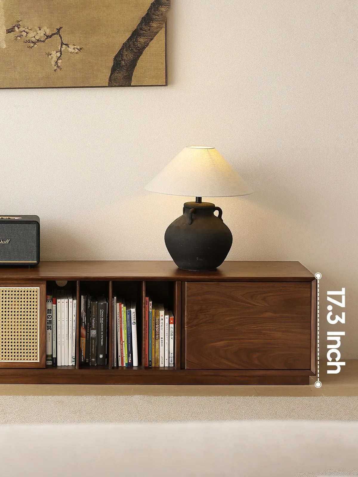 Walnutry Arden media console side view with cabinet height detail