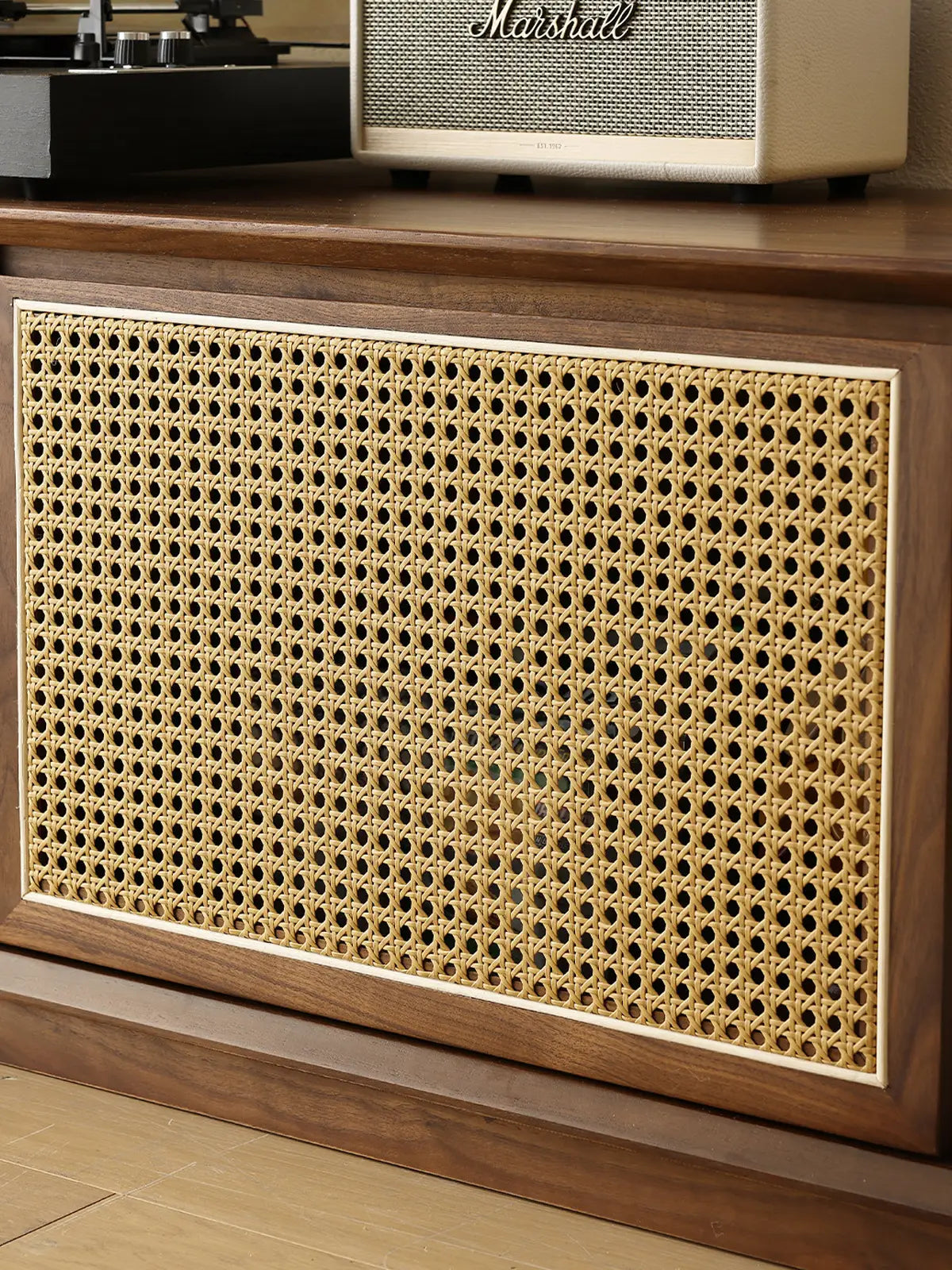 Walnutry Arden mid century modern tv cabinet with woven cane panel detail