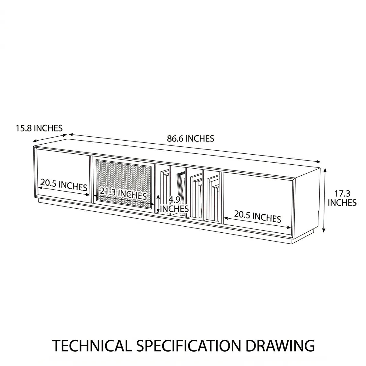 Walnutry Arden tv console technical specification drawing with overall dimensions