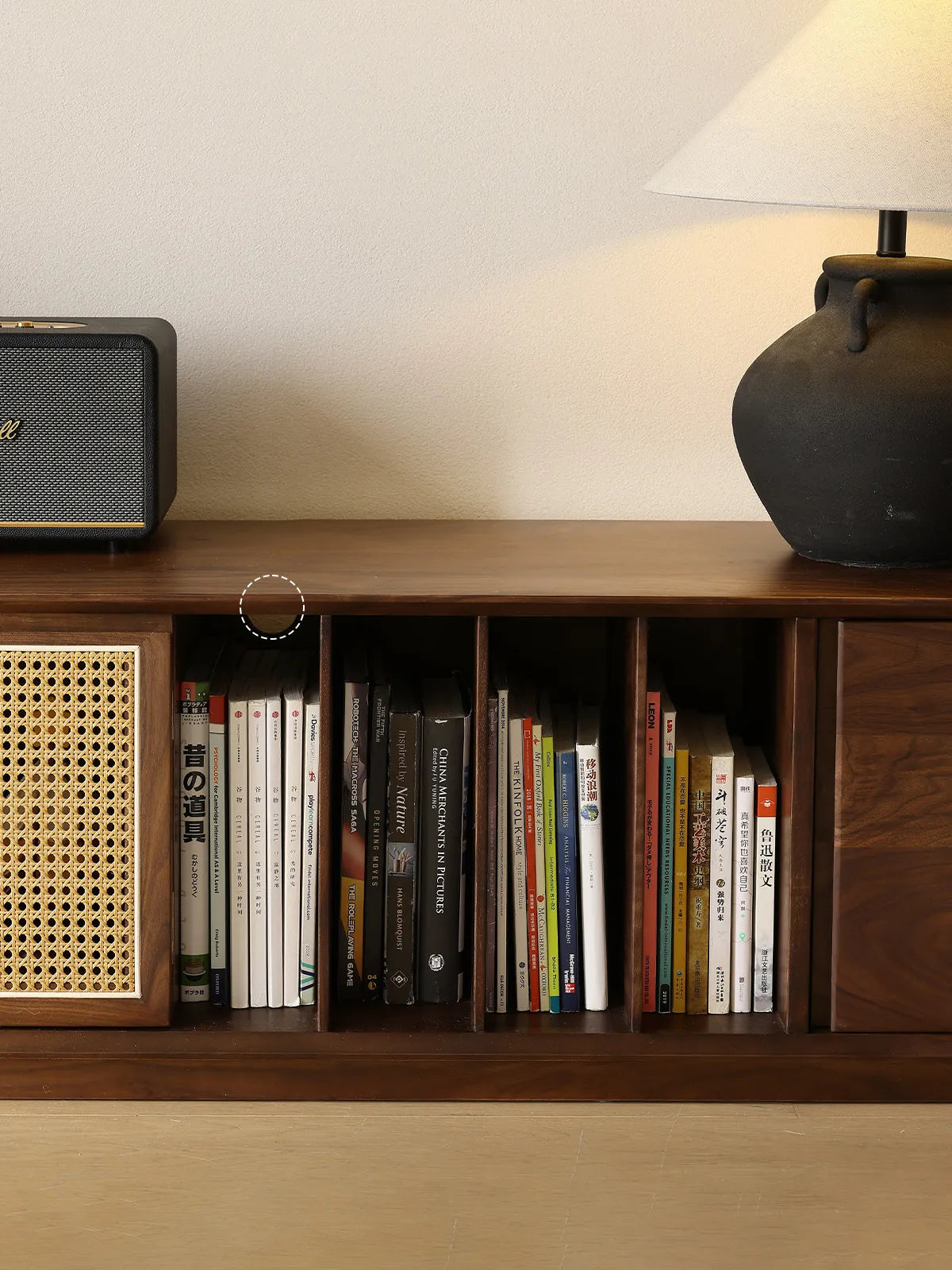 Walnutry Arden tv console with open book storage and walnut finish