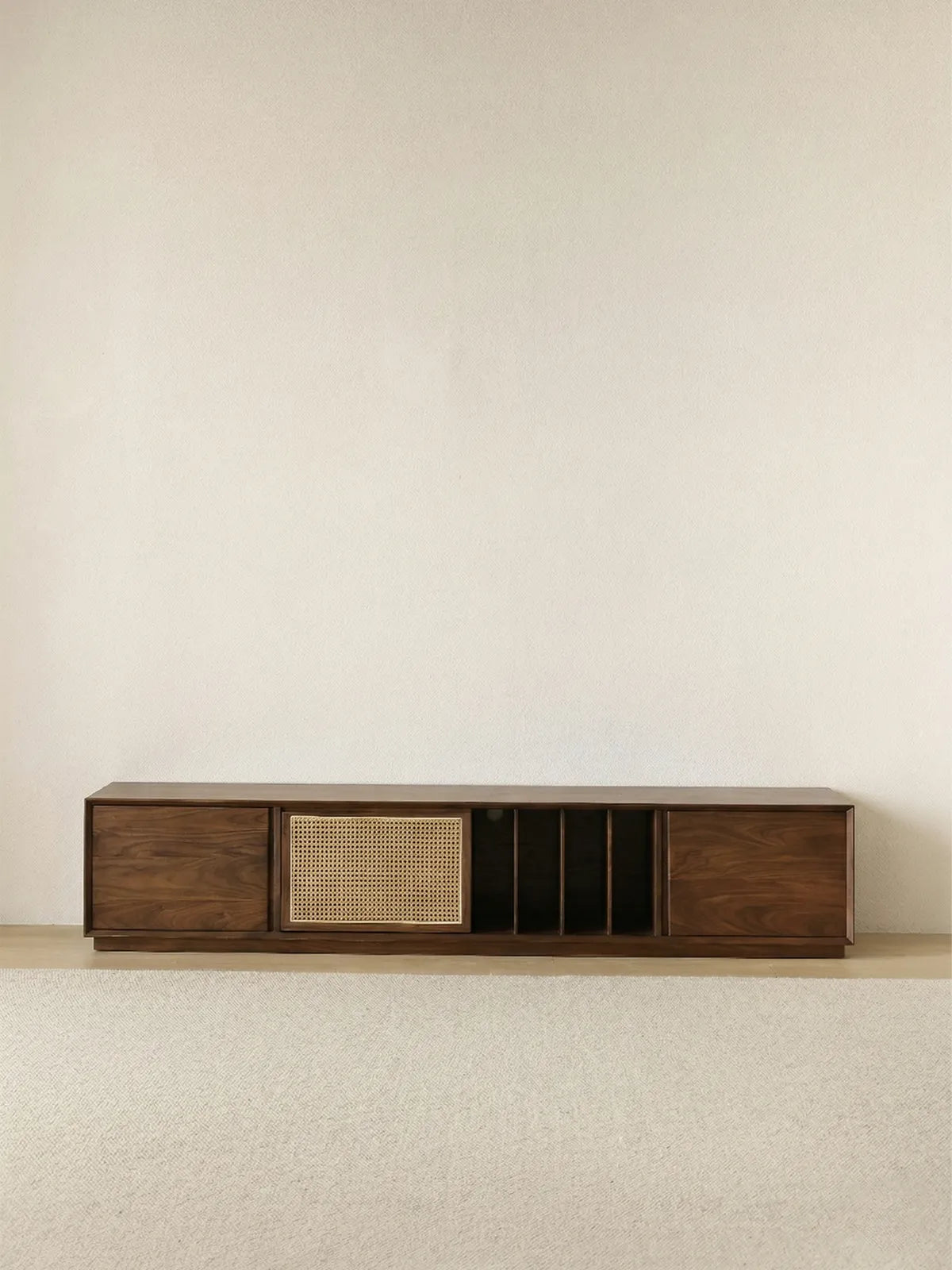 Walnutry Arden walnut mid century modern tv stand front view with mixed storage