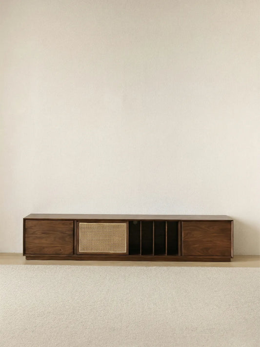 Walnutry Arden walnut mid century modern tv stand front view with mixed storage