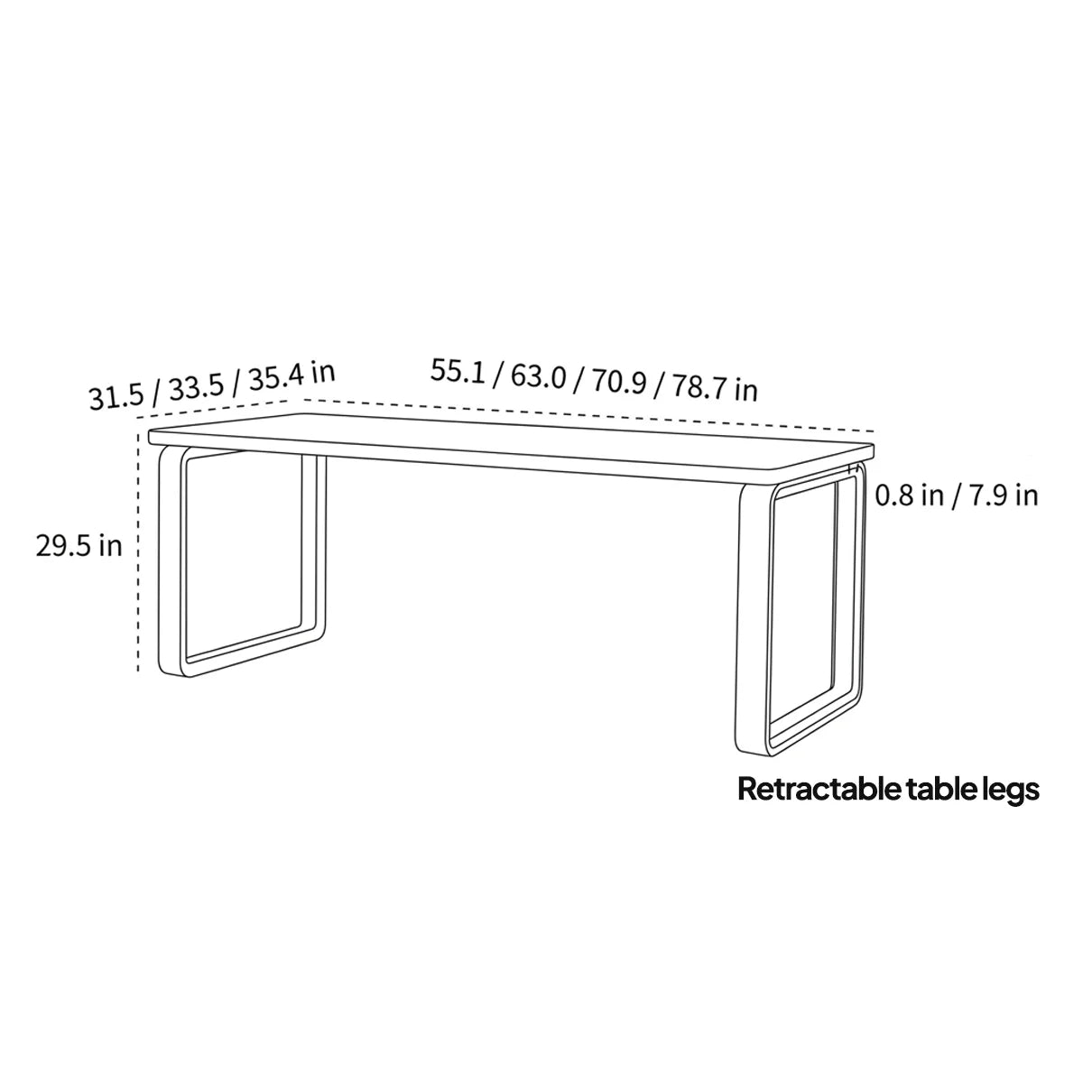 Dimension drawing of the Auren rounded rectangle dining table with available widths, lengths, and overall height.