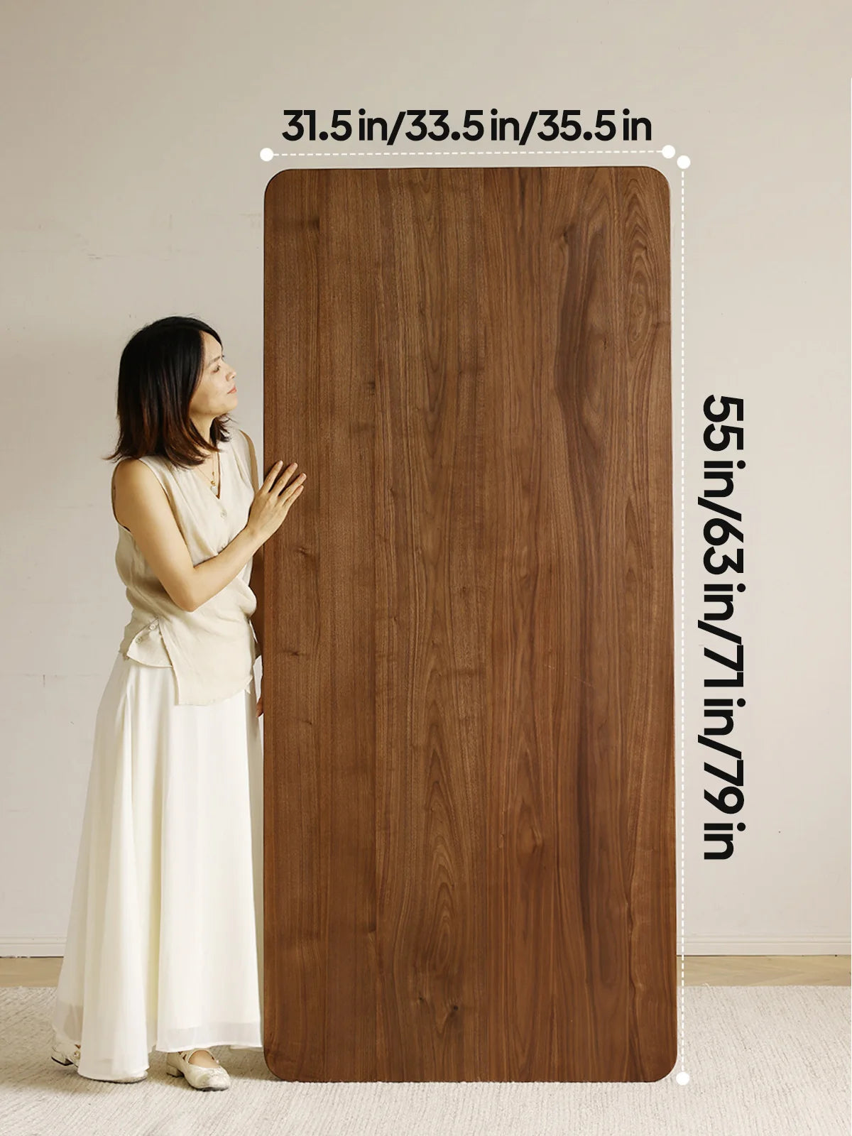Size reference image of the Auren rounded rectangle dining table showing available tabletop dimensions beside a standing figure.