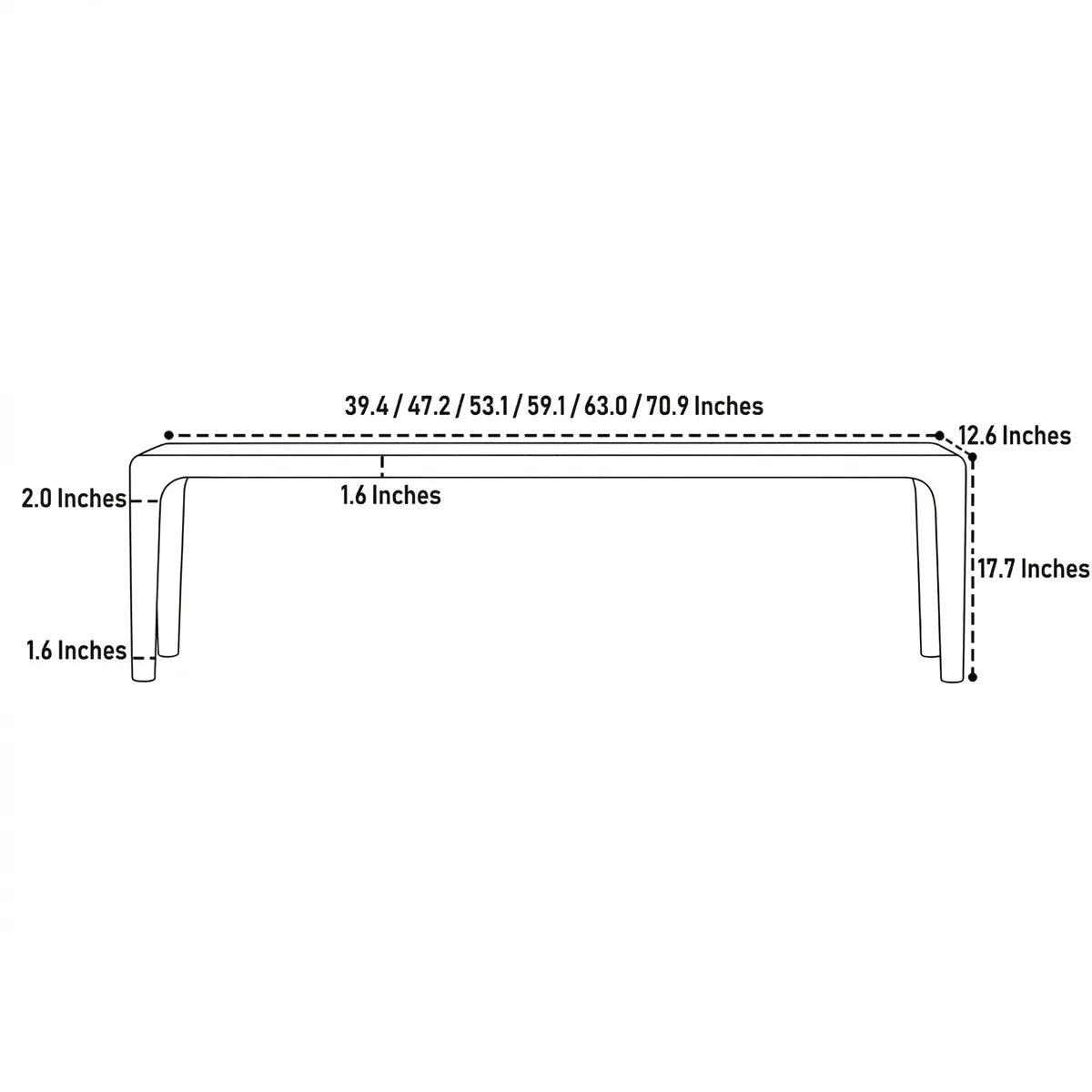 Technical dimension drawing of the Auren Walnut Bench showing multiple size options, overall width, depth, height, and top thickness in inches.