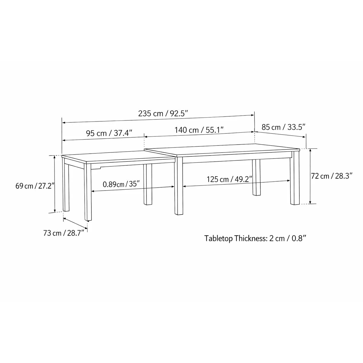 Dimension drawing of the sliding extendable dining table showing closed and extended measurements