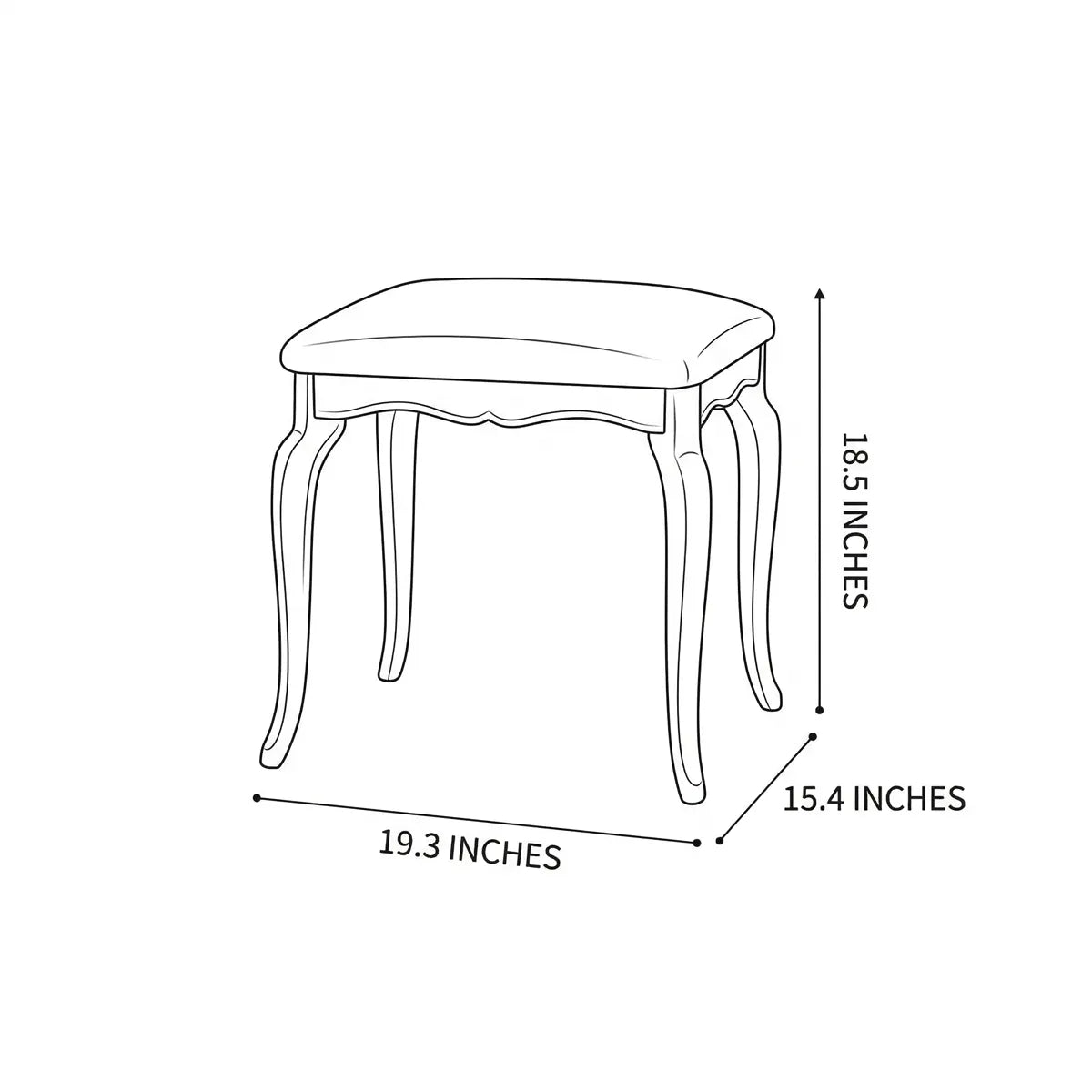 A technical line drawing of The Bourbon Vanity Stool showing its dimensions: 19.3" width, 15.4" depth, and 18.5" height.