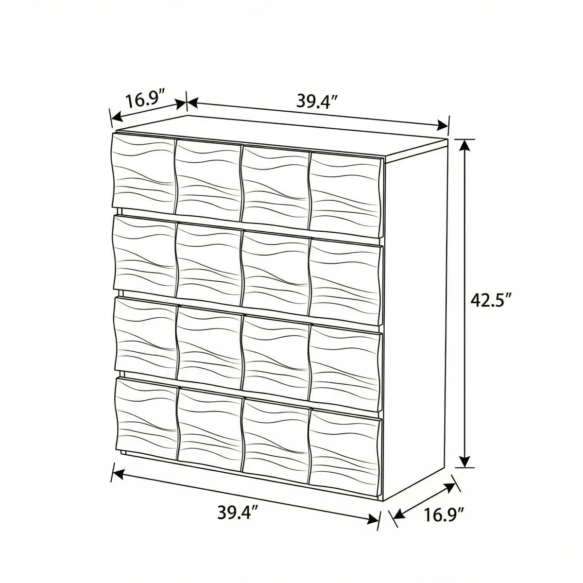 Technical dimension diagram of Walnutry Cumberland chest: 39.4 inches wide, 42.5 inches high, 16.9 inches deep.