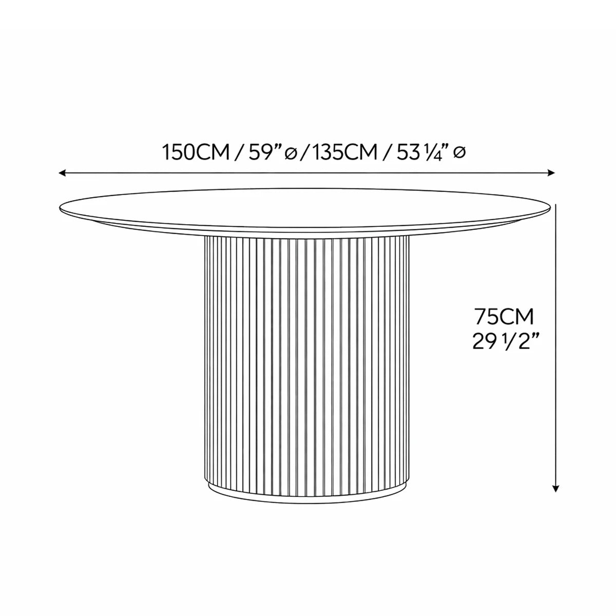 Dimension drawing of the round pedestal dining table showing 53 1/4 inch and 59 inch diameter options with 29 1/2 inch height.