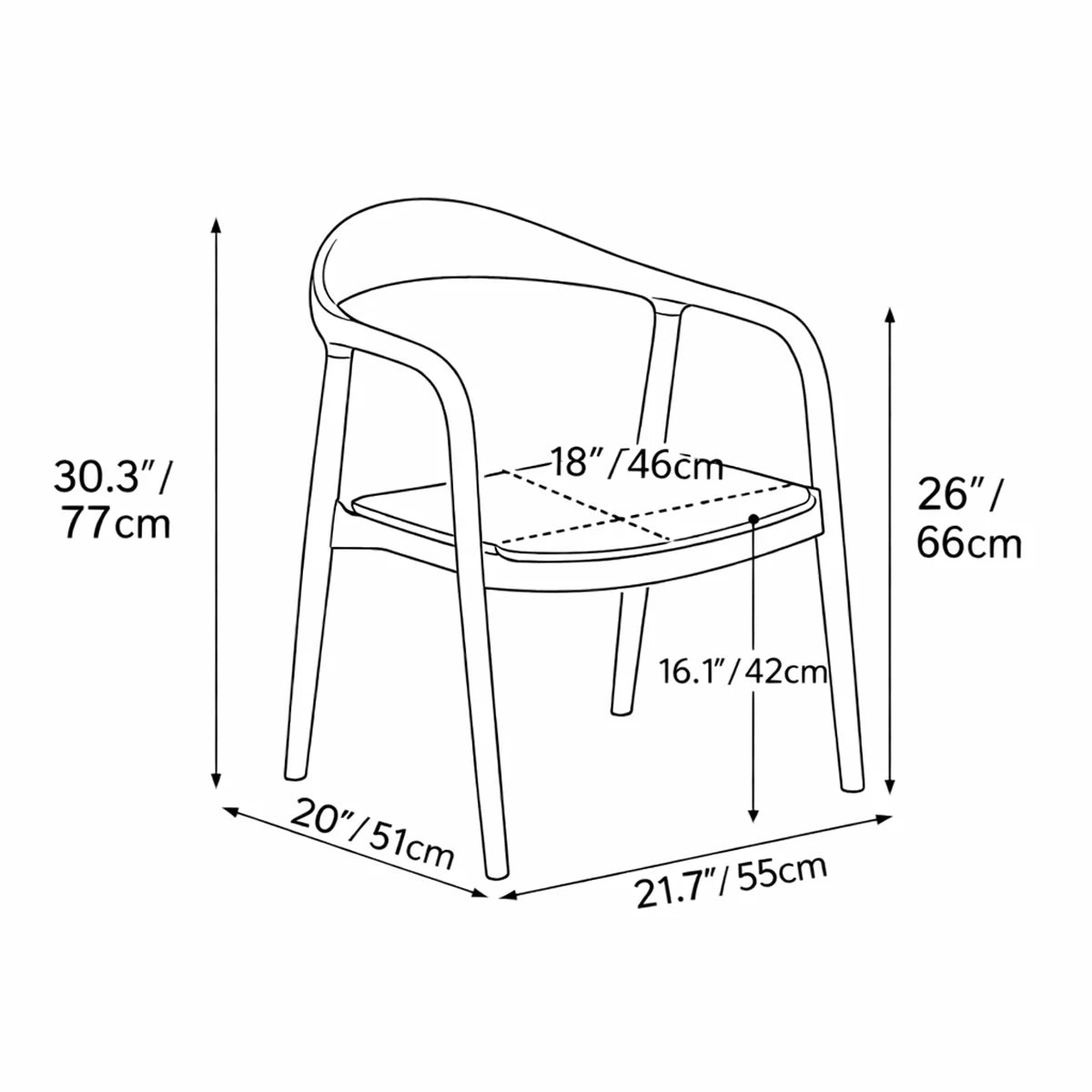 dimension diagram of a curved back walnut dining chair with overall height width depth and seat height