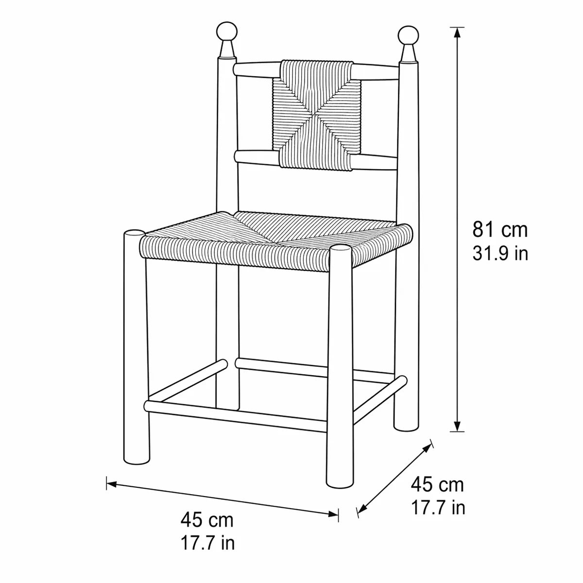 Dimension diagram of the Daren dining chair showing 81 cm height, 45 cm width, and 45 cm depth