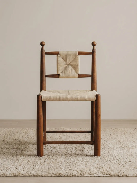 Daren woven rush dining chair in solid walnut, front view showing paper cord seat and backrest with ball finial posts