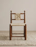 Daren woven rush dining chair in solid walnut, front view showing paper cord seat and backrest with ball finial posts
