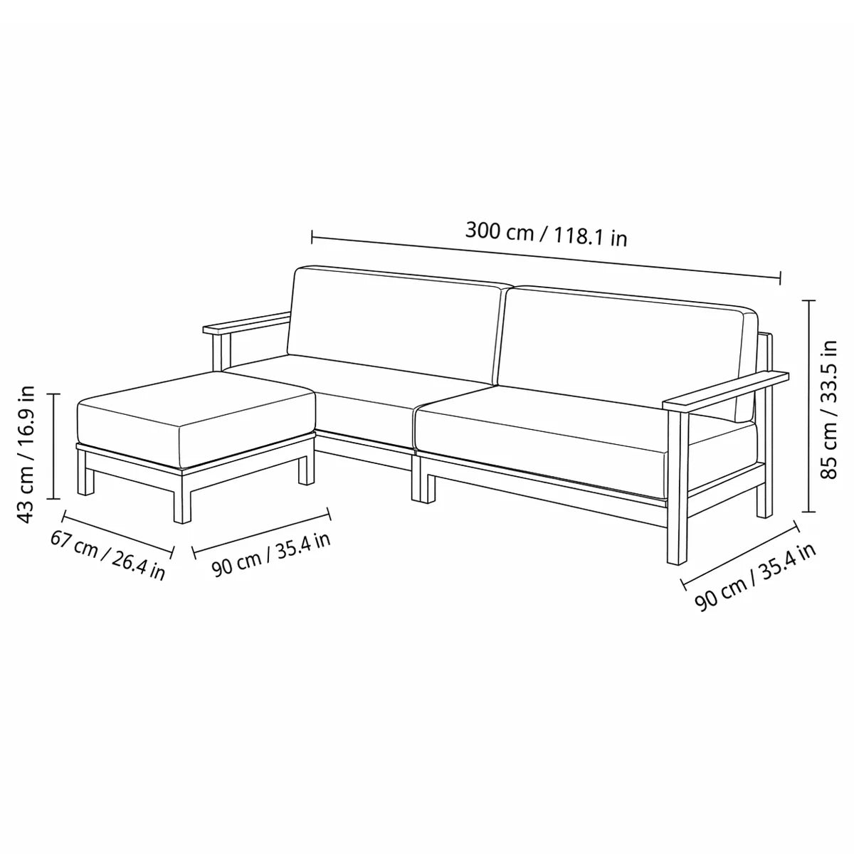 Dimension diagram of the Daren sectional sofa with chaise showing 118.1 in width, 35.4 in depth, 33.5 in height, and 16.9 in seat height