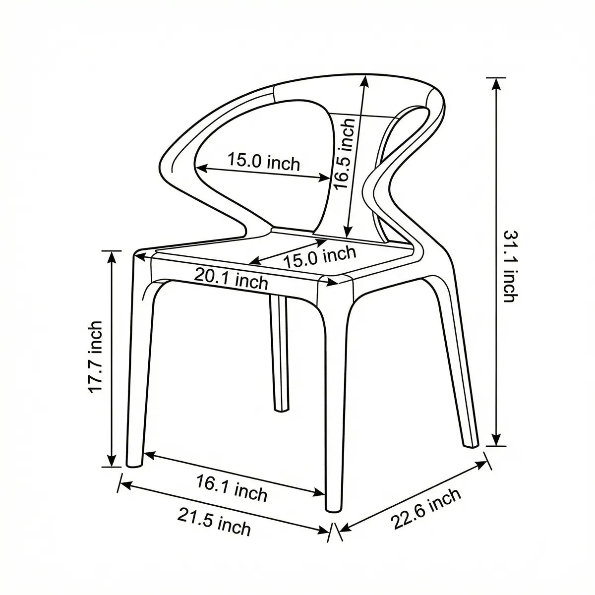 Technical dimension drawing of our dining chairs mid century modern showing width, depth, and seat height measurements.