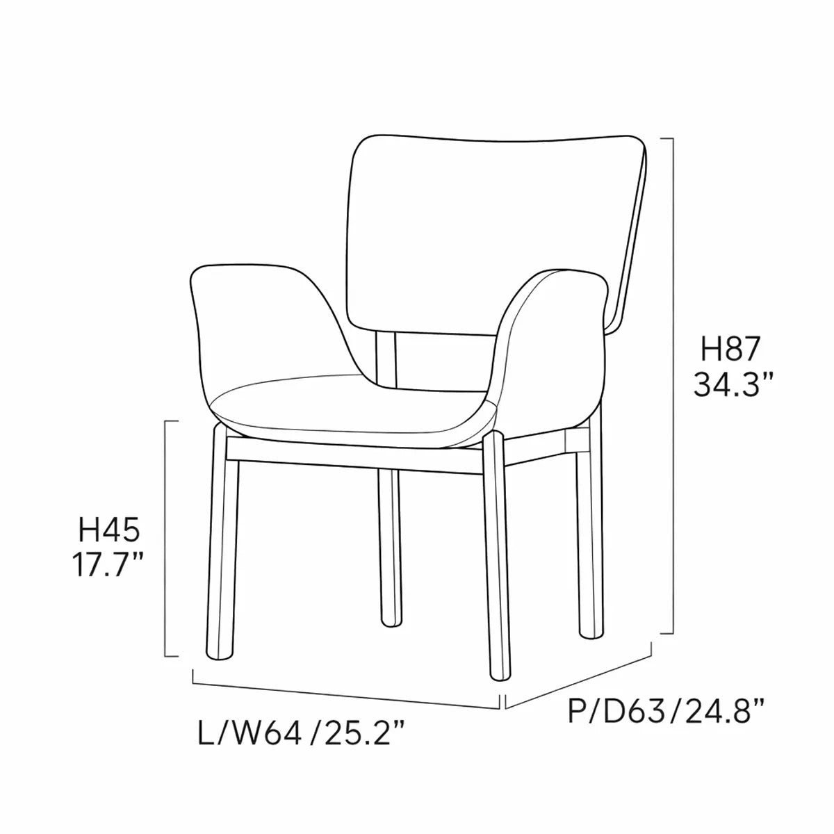 Dimension drawing of the upholstered walnut dining armchair with width depth overall height and seat height