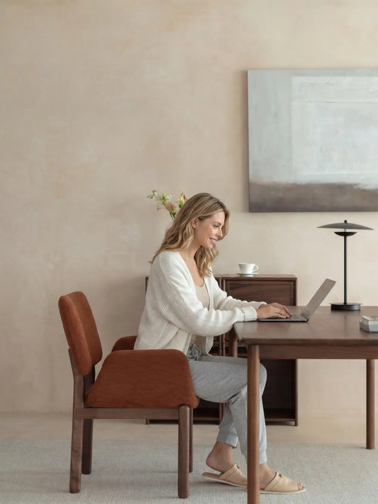 Side view of a rust upholstered dining armchair with solid walnut legs used at a walnut desk