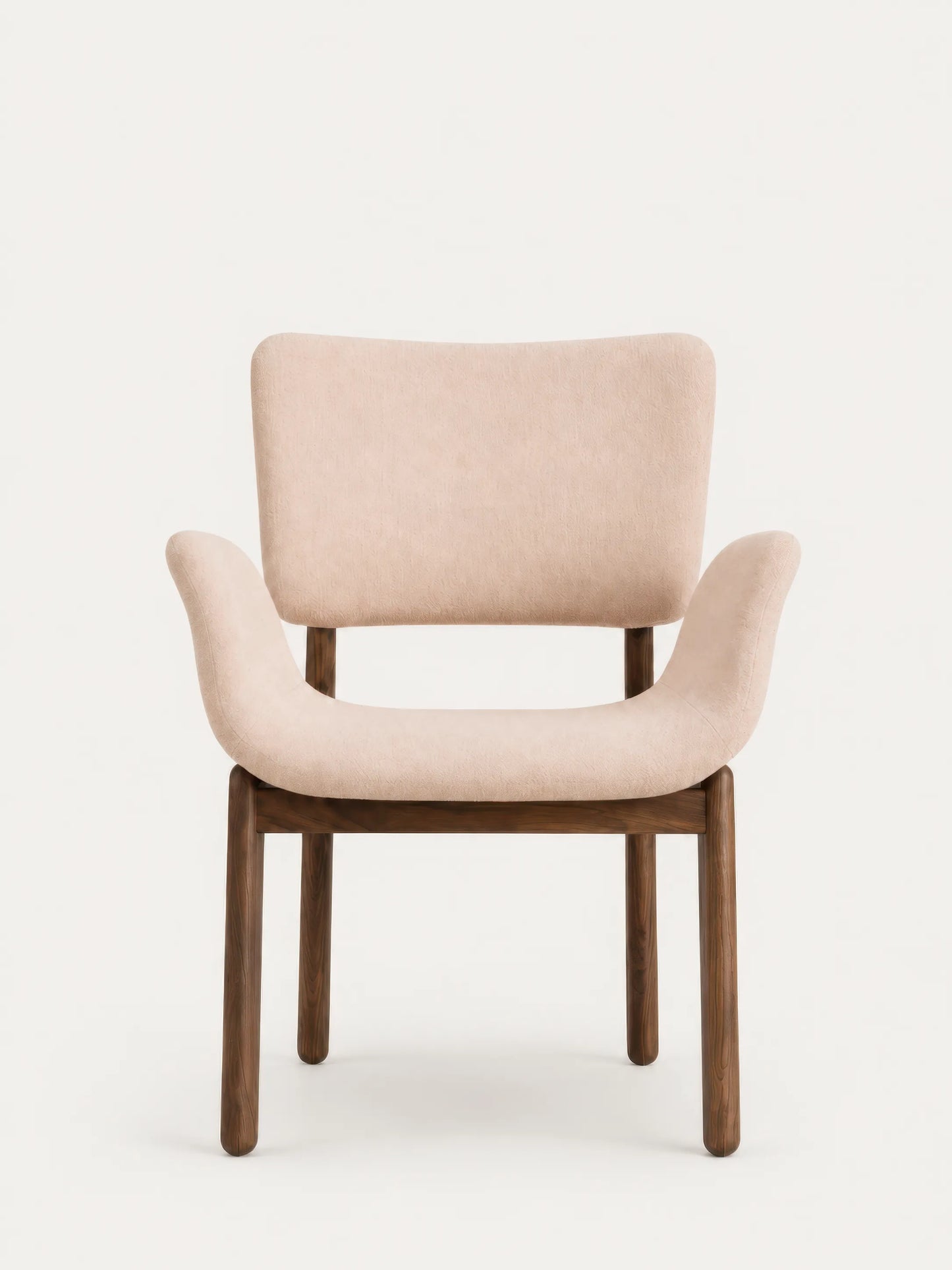 Elio walnut dining arm chair with beige upholstery, front view (Oatmeal)