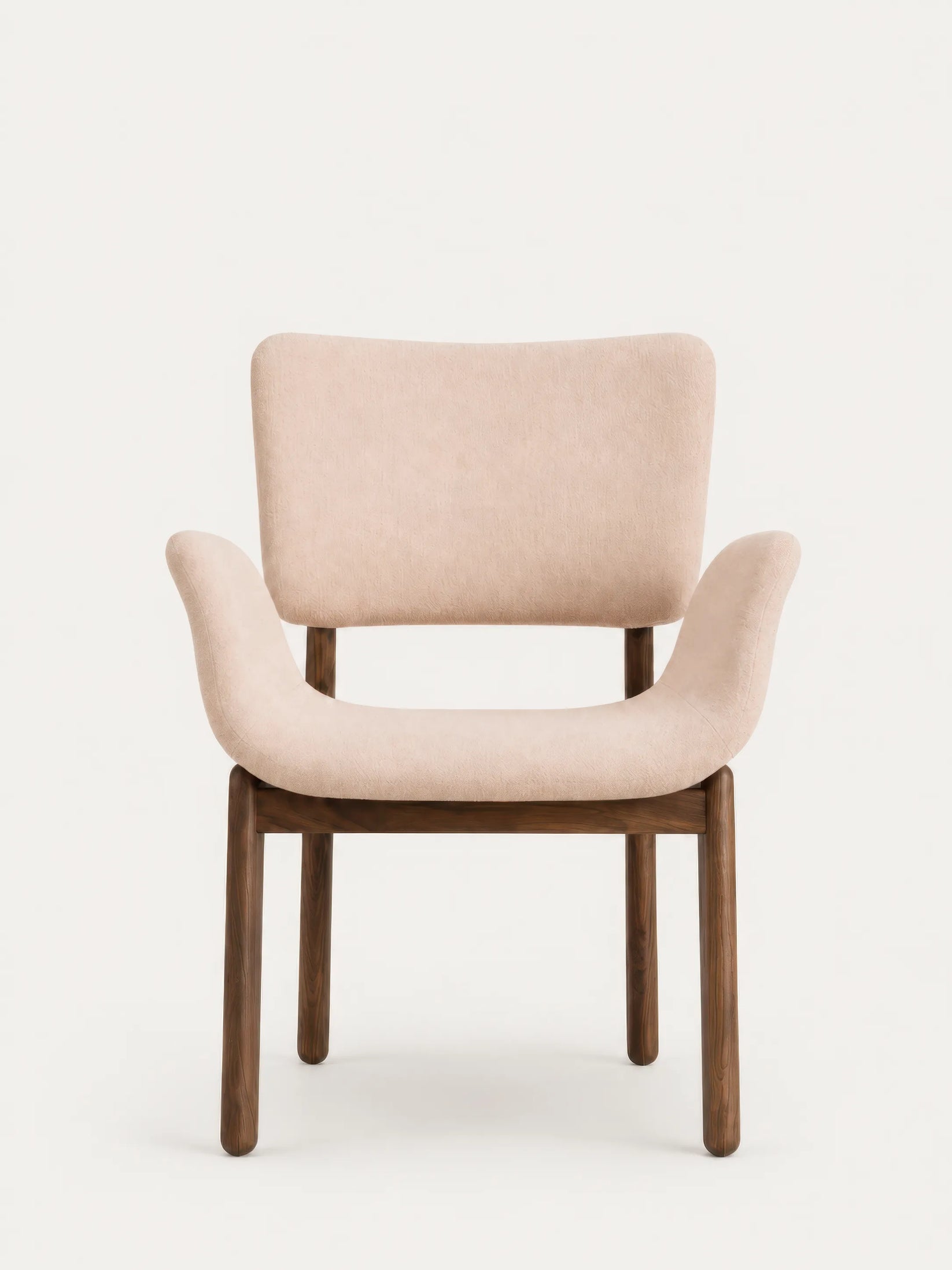 Elio walnut dining arm chair with beige upholstery, front view (Oatmeal)