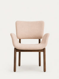 Elio walnut dining arm chair with beige upholstery, front view (Oatmeal)