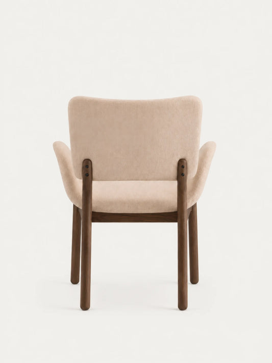 Elio walnut dining arm chair rear view with solid walnut frame