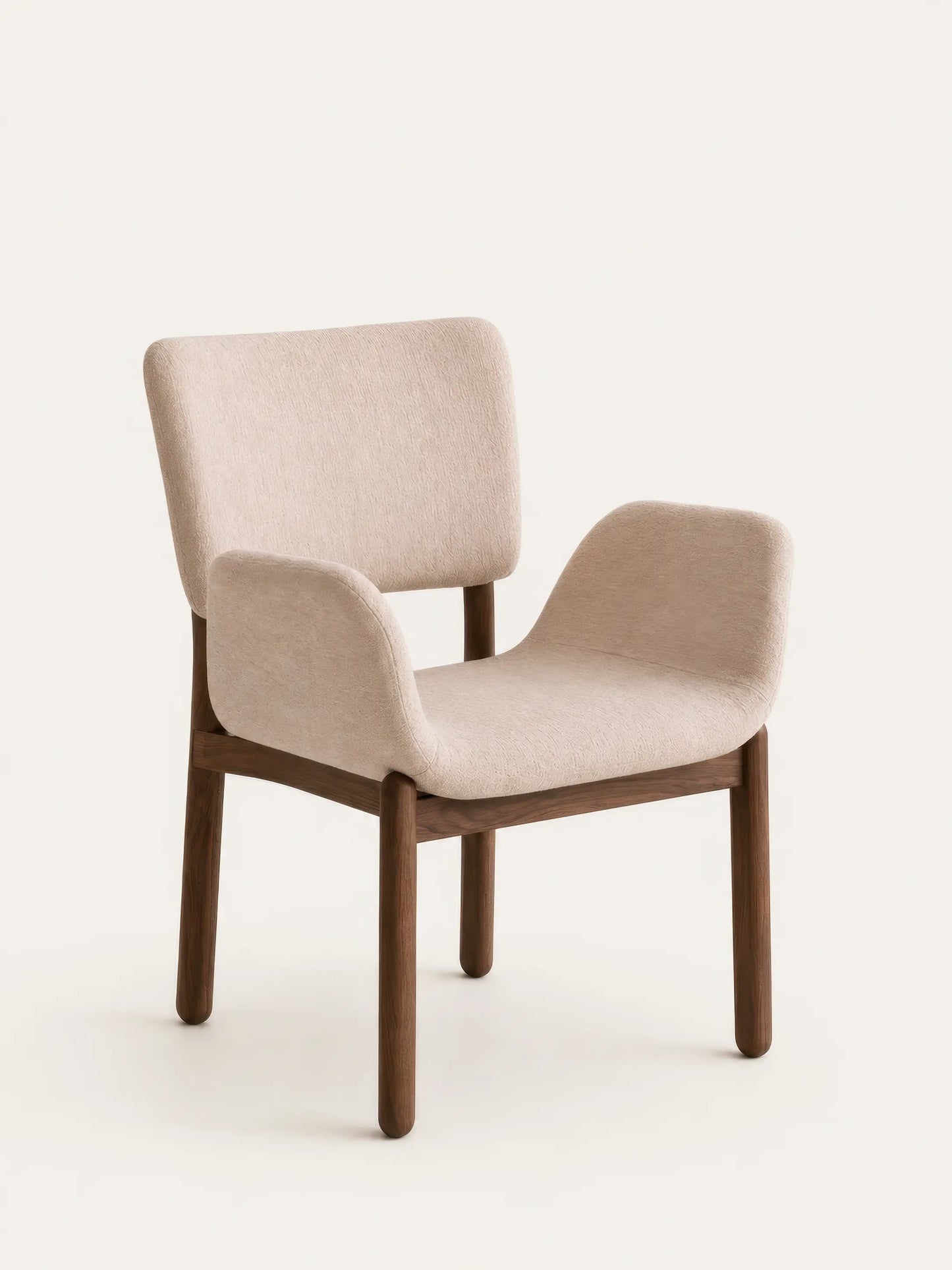 Elio walnut dining arm chair with beige upholstery, three-quarter view
