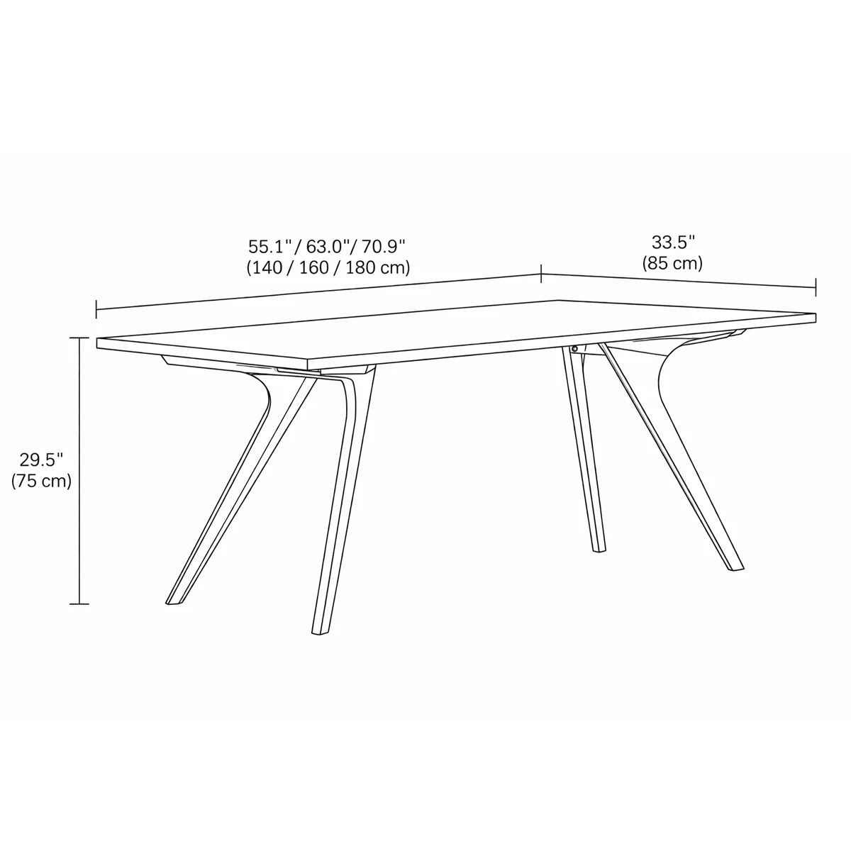 Dimension drawing of the Estate rectangular dining table showing available lengths, width, and height.