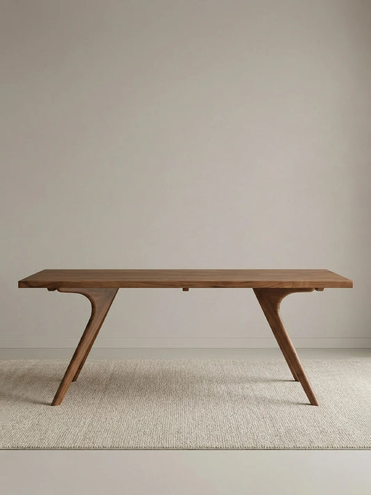 Front view of the Estate solid walnut dining table highlighting its balanced proportions and angled leg silhouette.