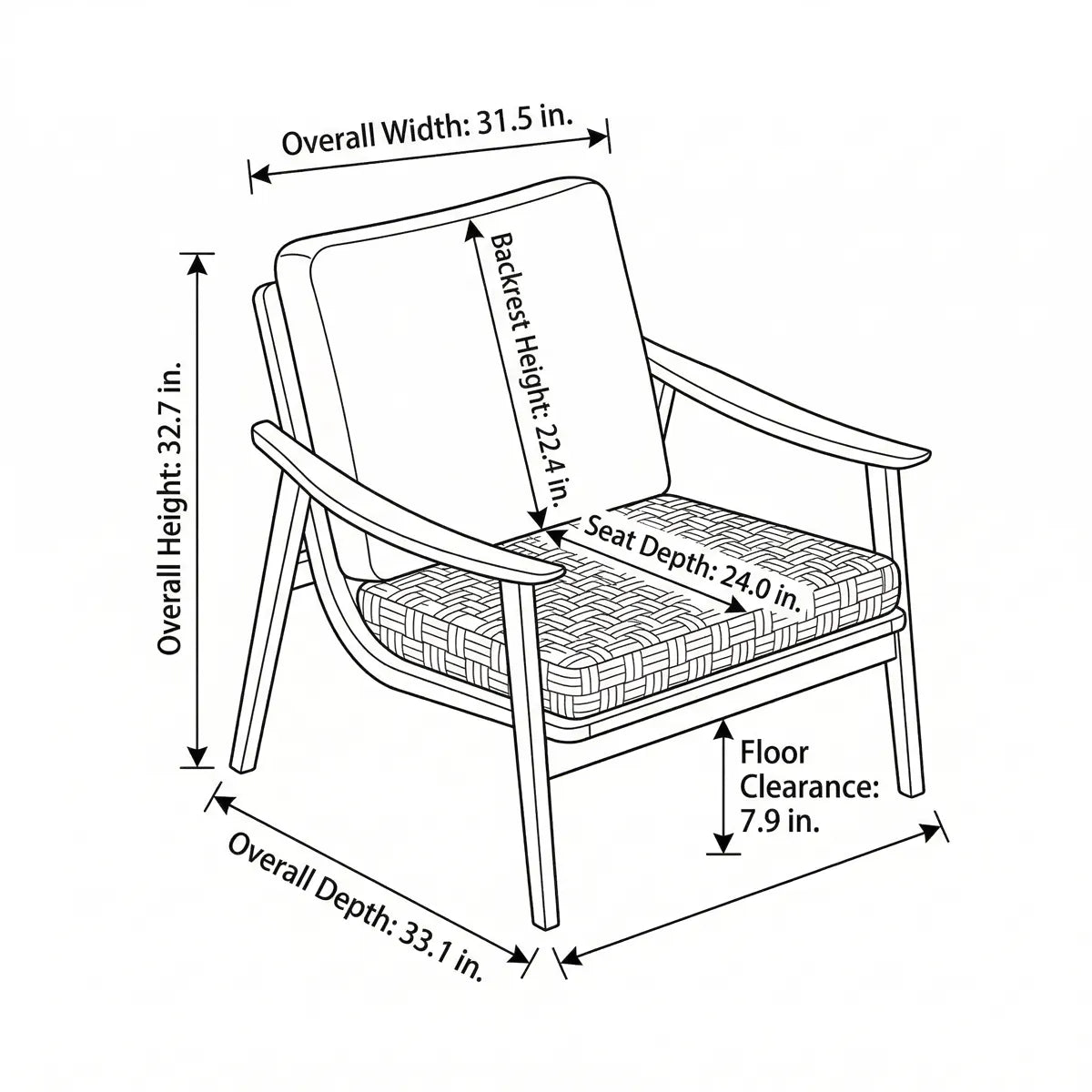 Detailed dimension and measurement diagram for the Haven mid century modern reading chair.
