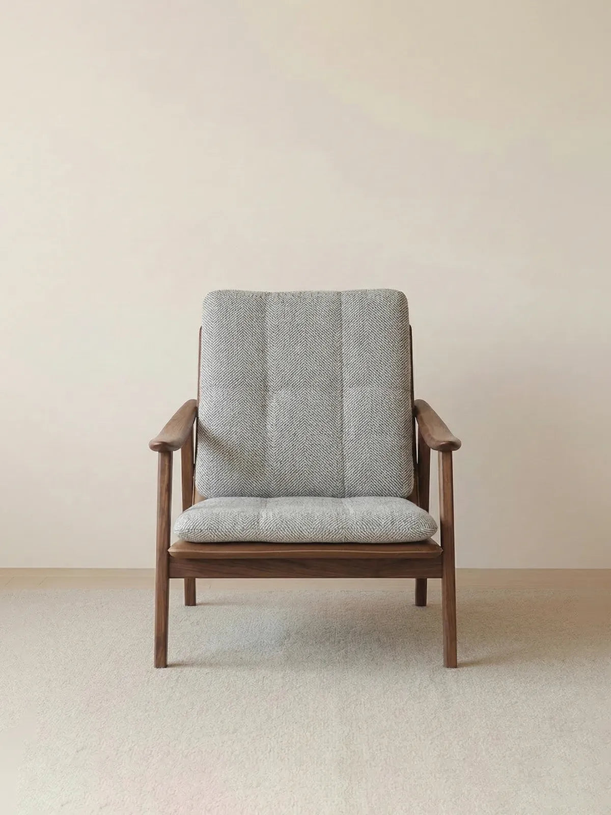 Front view of the Haven solid wood chair, featuring a mid century modern design, light gray cushion and thick cushions. (Light Gray)