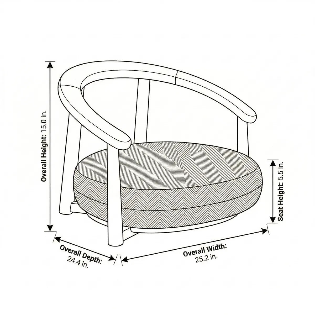 Technical dimension line drawing of The Haven Wide-Seat Floor Chair: 25.2 inches overall width, 24.4 inches overall depth, 15.0 inches overall height, and a 5.5-inch seat height.