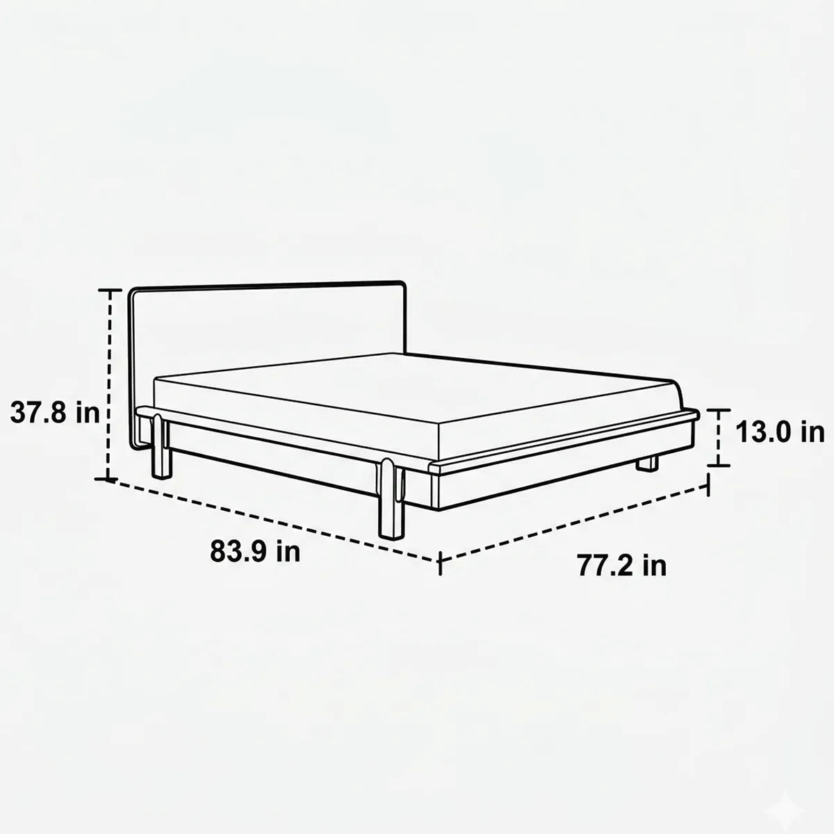 Detailed dimensional line diagram for The Helios Bed Frame showing overall length, width, and headboard height measurements.