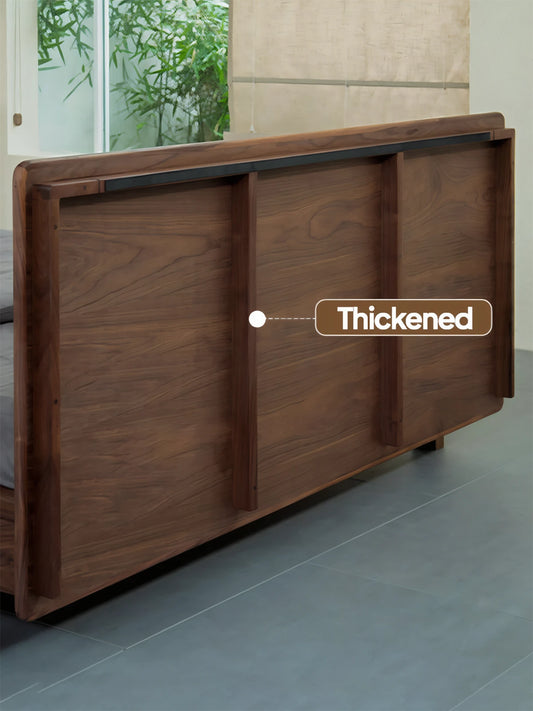 Back view of The Helios Bed Frame's headboard, highlighting the thickened solid walnut vertical support beams for maximum durability and stability.