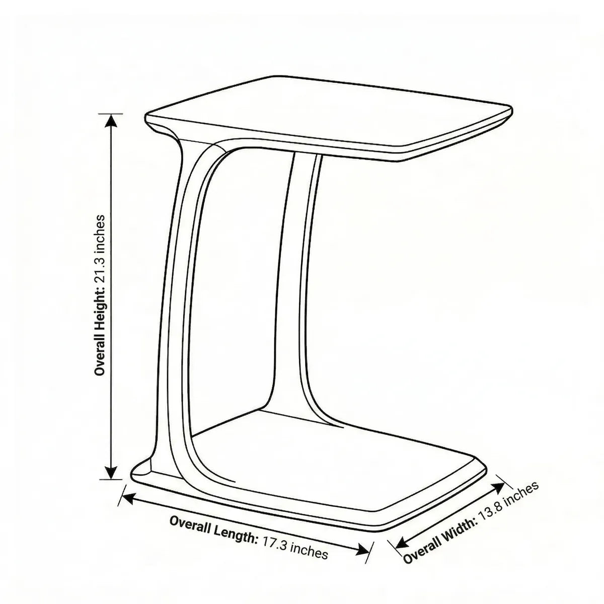 Dimensional line diagram of The Helios C-Table detailing the overall height, length, and width measurements in inches.
