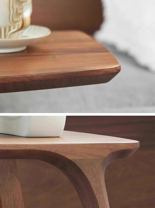 Close-up details of the smooth rounded edges and expertly carved solid walnut joints on The Helios C-Table, ensuring safety and elegance.