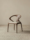 Front view of the Helios solid walnut dining chair with beige leather upholstery, isolated against a neutral background.