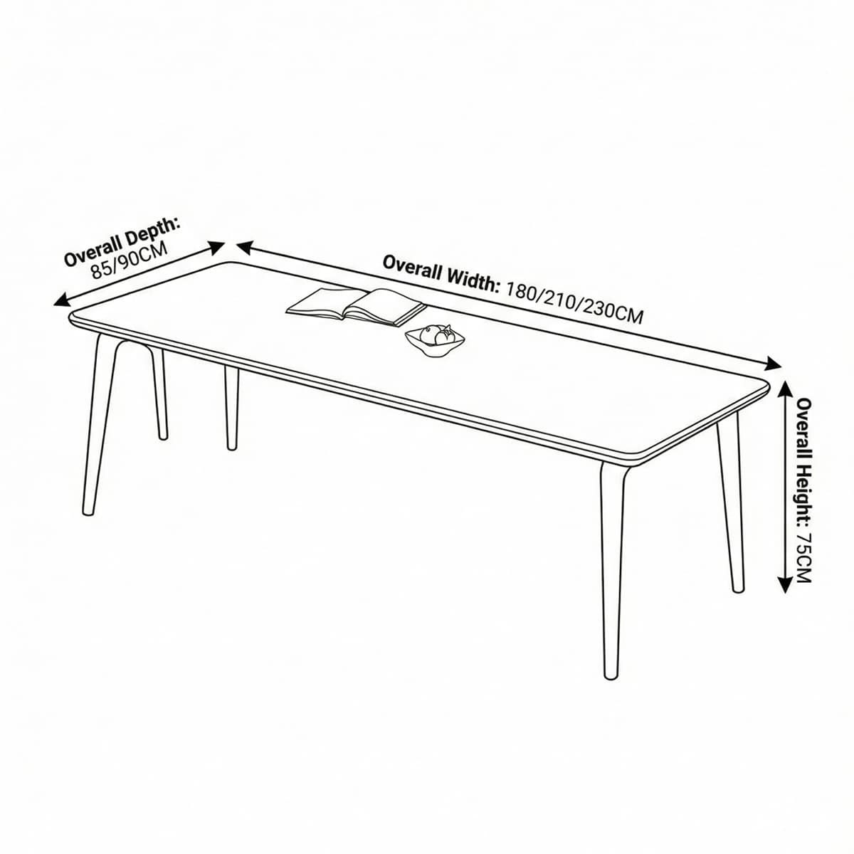 Dimension diagram for the Walnutry Helios dining table showing available widths of 180cm, 210cm, and 230cm, with a standard comfortable height of 75cm.