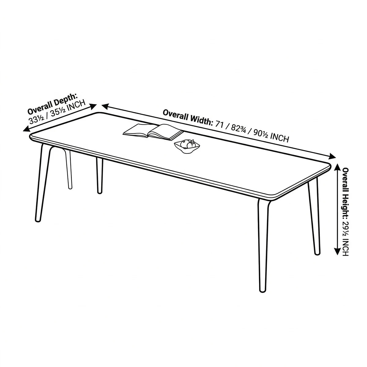 Dimensional line diagram of the Helios mid century modern wood dining table showing its height, depth, and available lengths.