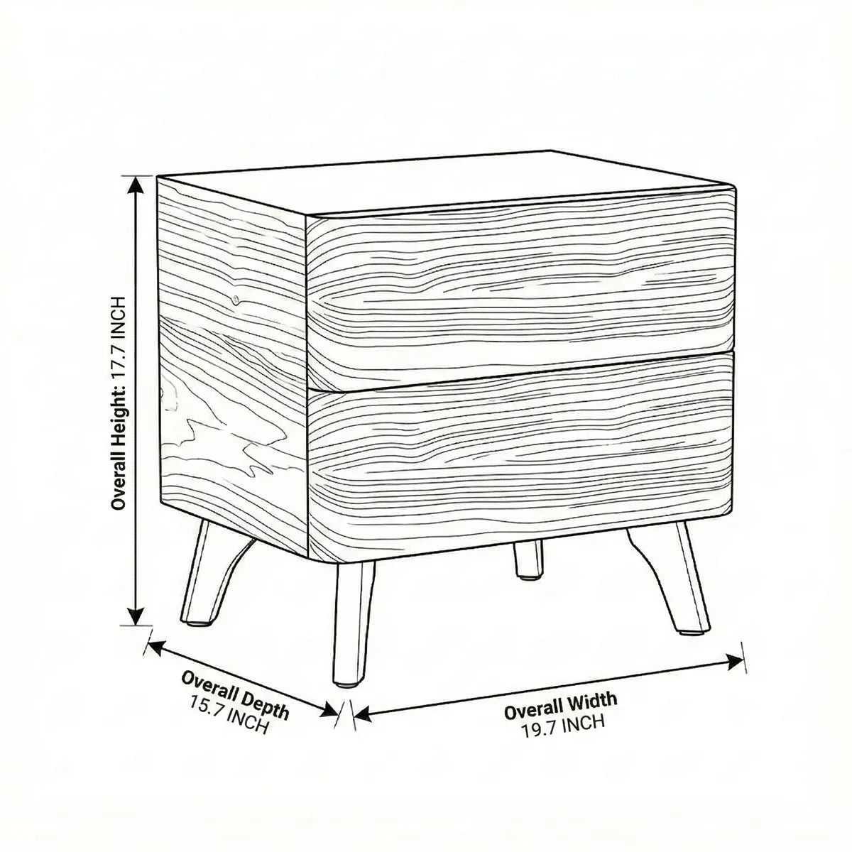Dimensional line diagram of The Helios Nightstand displaying the overall height (17.7 inches), depth (15.7 inches), and width (19.7 inches) measurements.