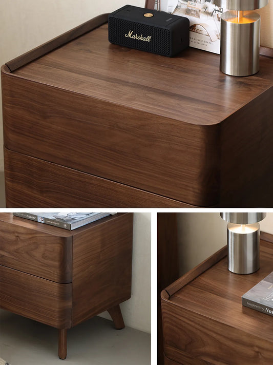 Detailed close-ups of The Helios Nightstand highlighting the premium continuous wood grain and the protective raised edge design on the tabletop.