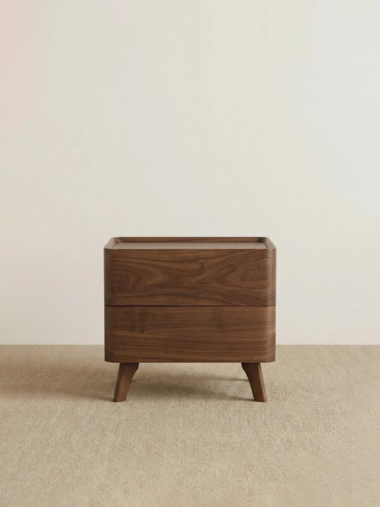 Clean, straight-on studio front view of The Helios 2-Drawer Nightstand, showcasing its balanced proportions and rich North American Black Walnut color.