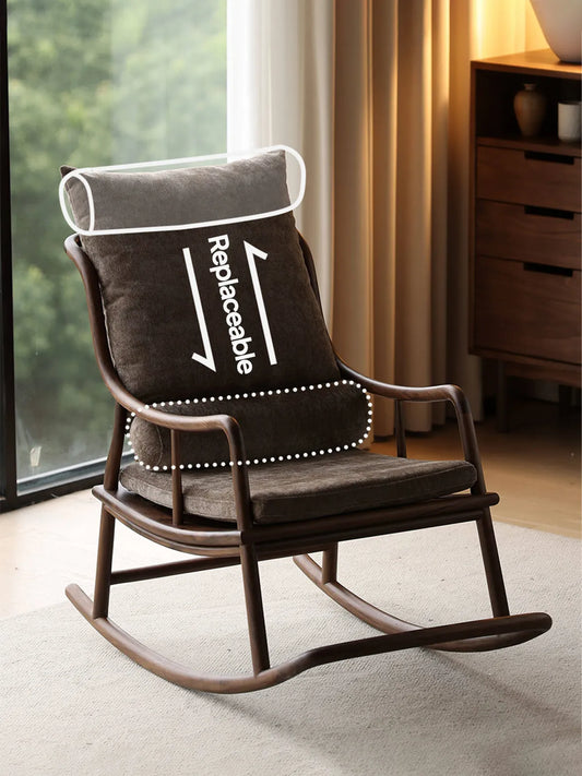 Structural illustration showing the replaceable back cushion and ergonomic lumbar support pillow of The Helios Rocking Chair by Walnutry.