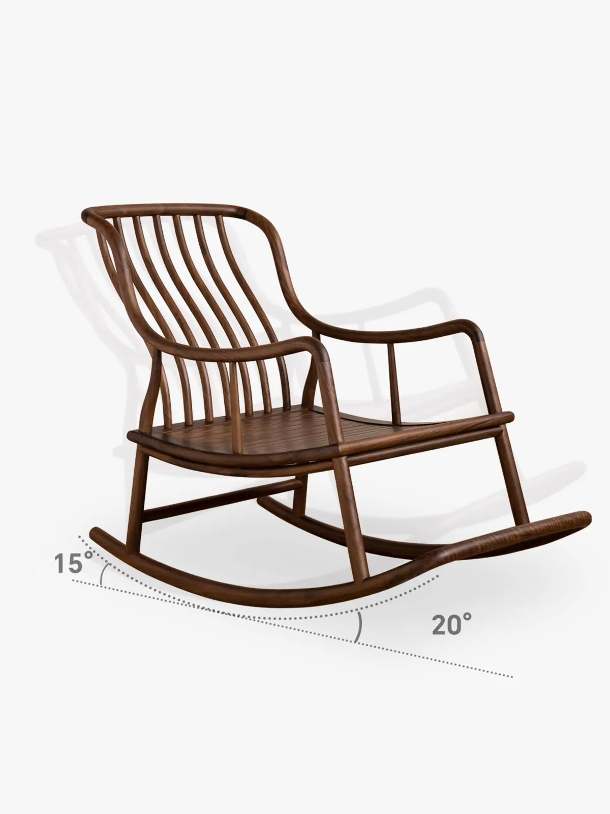 Diagram illustrating the ergonomic 15-degree backward and 20-degree forward rocking angles of The Helios solid walnut rocking chair frame.