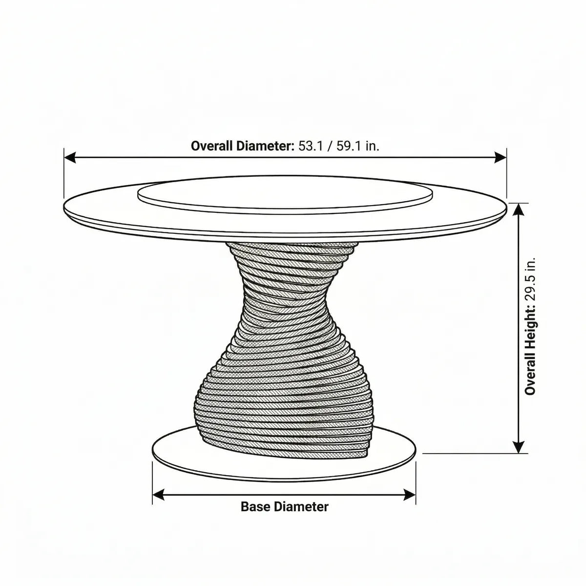 Size charts for the Helios Round Dining Table, including a 53-inch and a 59-inch version.