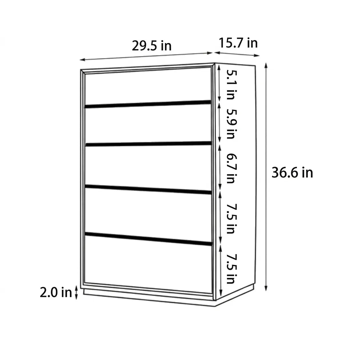 Detailed dimensions and structural measurements for The Heritage 5-Drawer Tallboy by Walnutry.