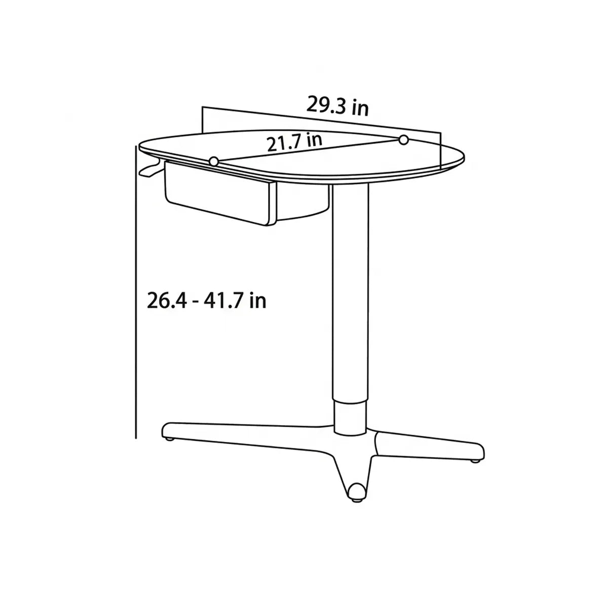 Technical dimension diagram of The Heritage Adjustable Side Table: 29.3 inches wide, 21.7 inches deep, with an adjustable height range of 26.4 to 41.7 inches.