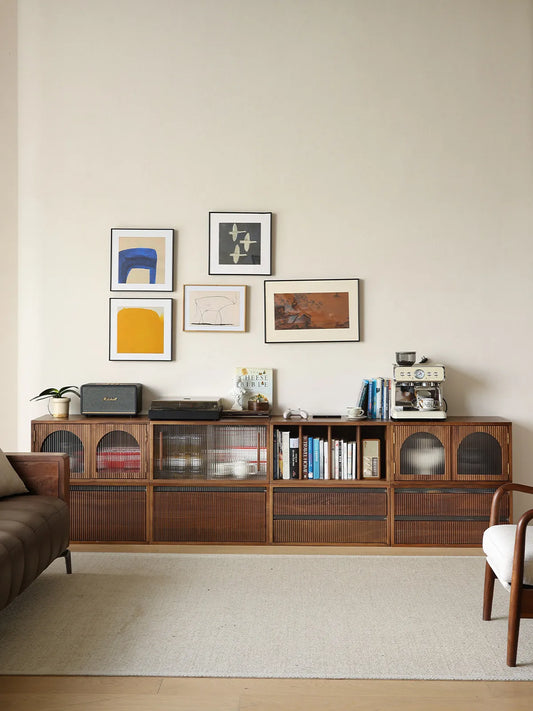 Full front view of the Heritage modular cabinet configured as a contemporary walnut sideboard and media console, demonstrating symmetrical glass doors and open shelving.