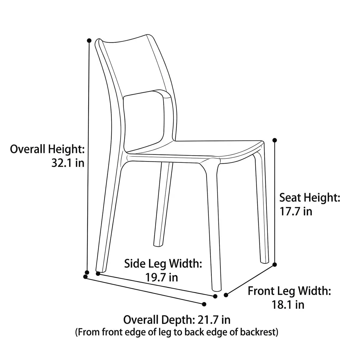 Line diagram displaying the overall height, width, and depth measurements for the Walnutry Heritage solid wood dining chair.