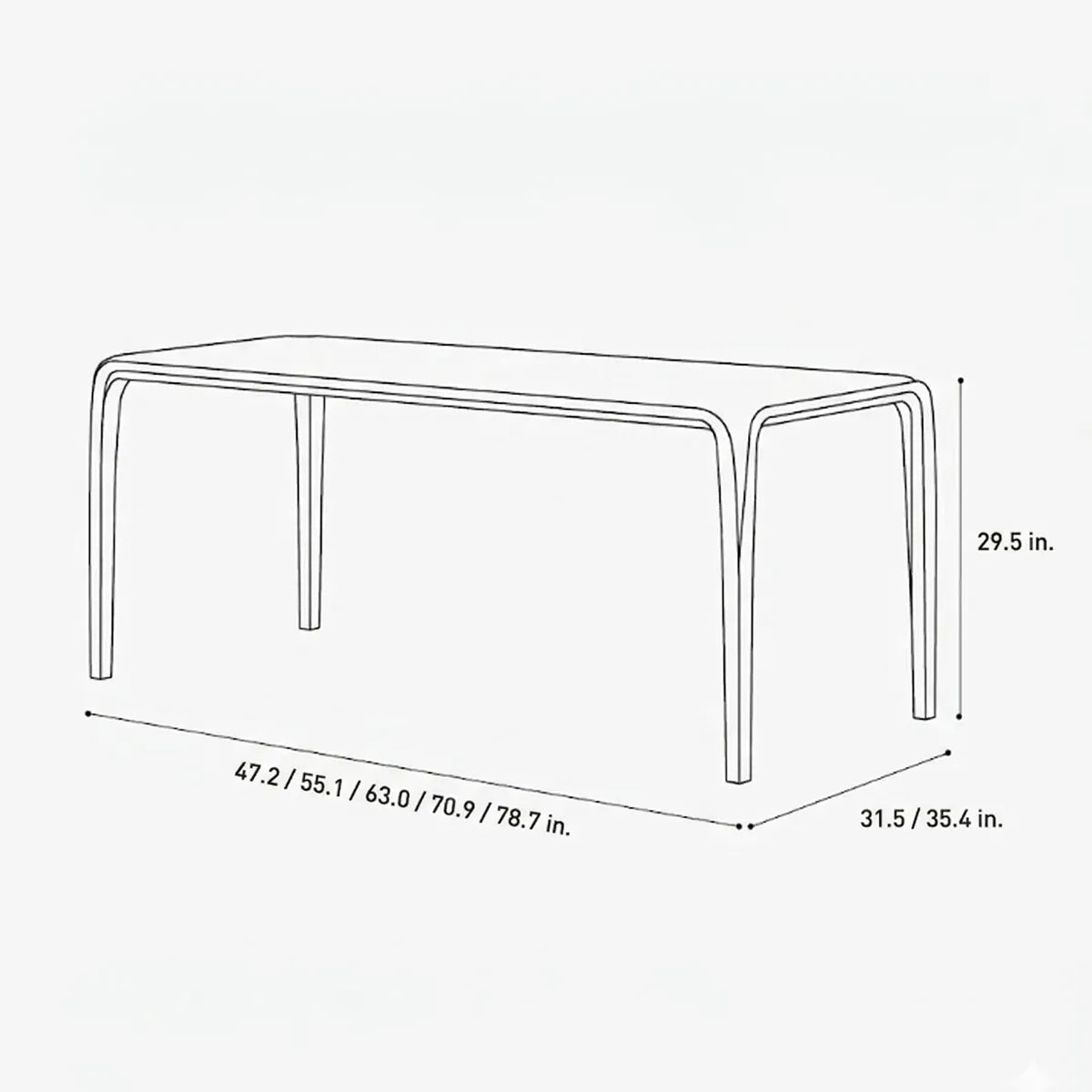 Detailed measurement diagram for the Heritage table, ranging from 47 to 79 inches in length.